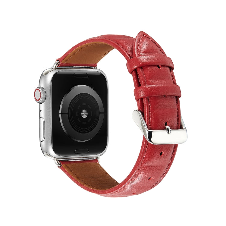 Red genuine leather Apple Watch band with metal buckle and side strap holes on watch