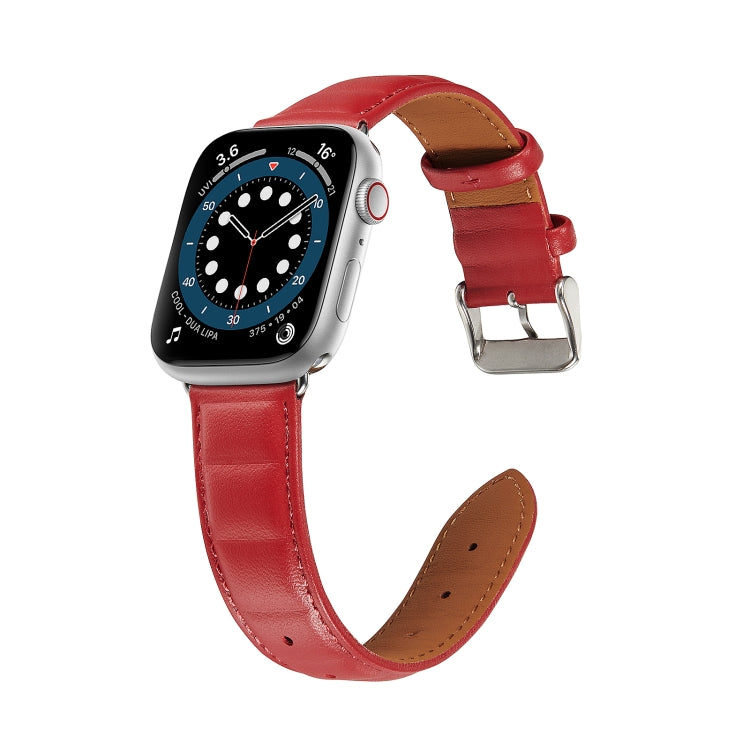 Red genuine leather Apple Watch band with metal buckle and adjustable strap on watch