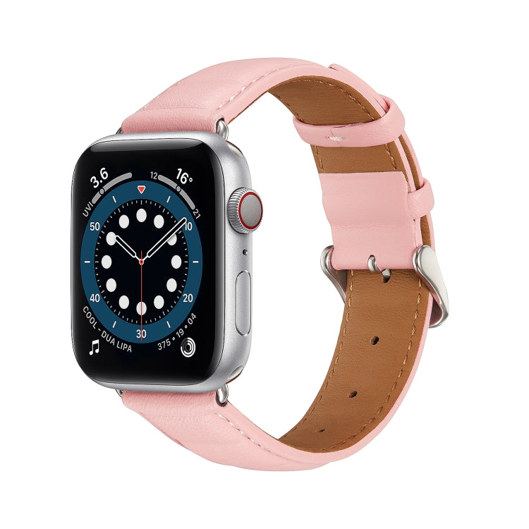 Genuine leather watch band in pink with metal buckle and pin holes, for Apple Watch.