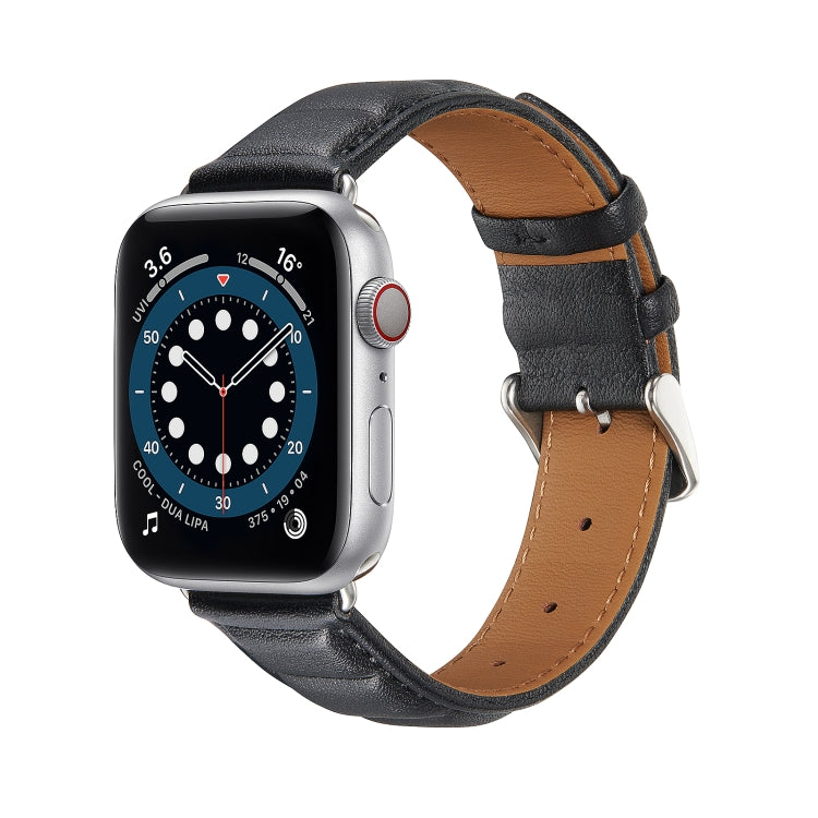 Genuine leather watch band in black with metal buckle, pin holes, and tan inner lining.