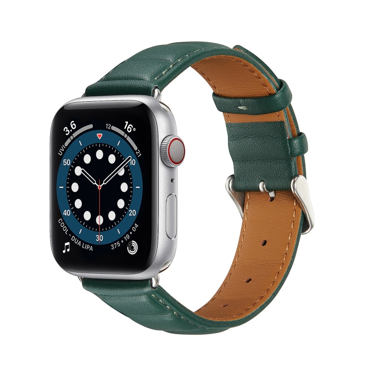 Green genuine leather Apple Watch band with metal buckle and adjustable holes on watch
