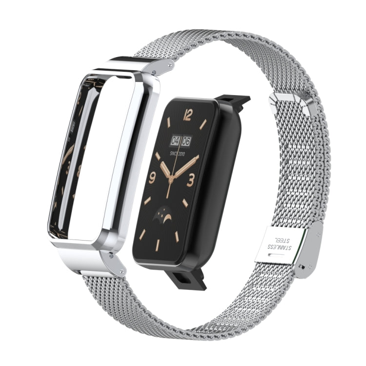 Silver stainless steel mesh watch band with buckle, black smartwatch front