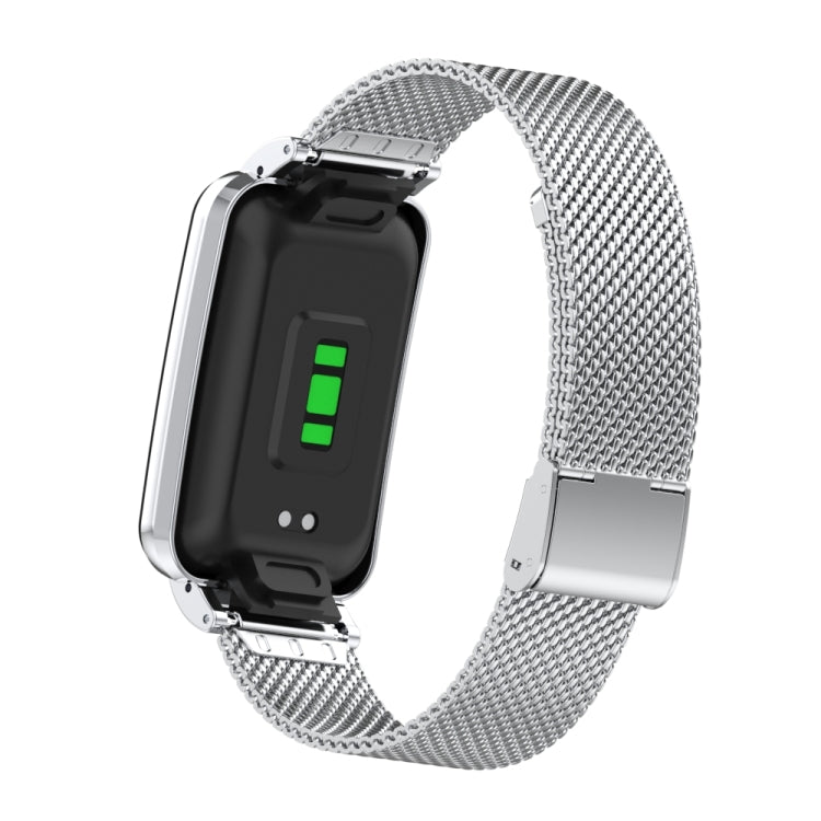 Silver stainless steel mesh watch band with buckle, smartwatch back with green indicator