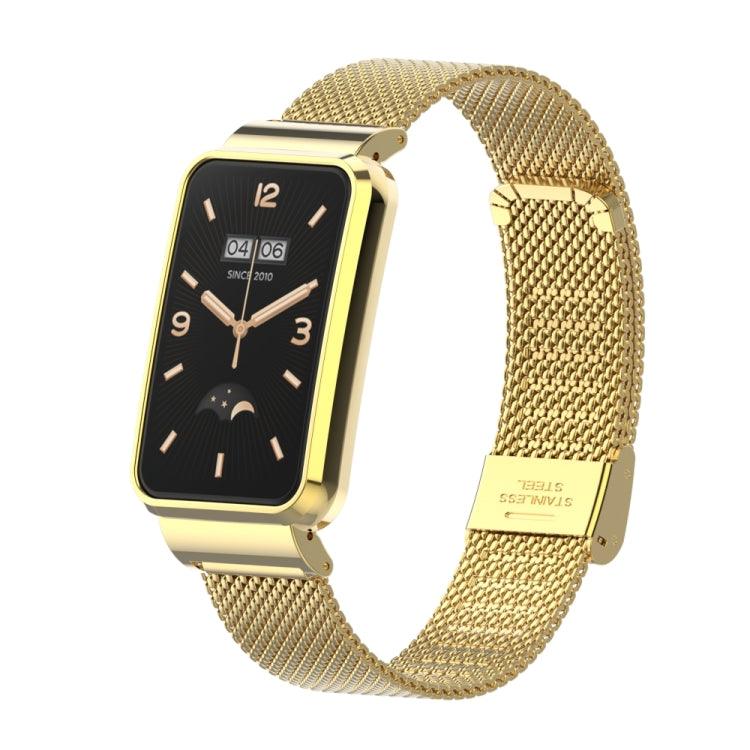 Gold stainless steel mesh watch band with buckle, attached to a black smartwatch