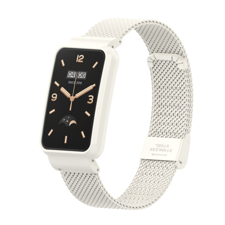 Ivory white stainless steel mesh watch band with buckle, attached to a black smartwatch