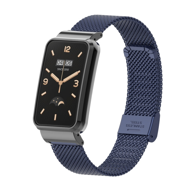 Navy woven metal watch band with silver buckle and rectangular smartwatch display