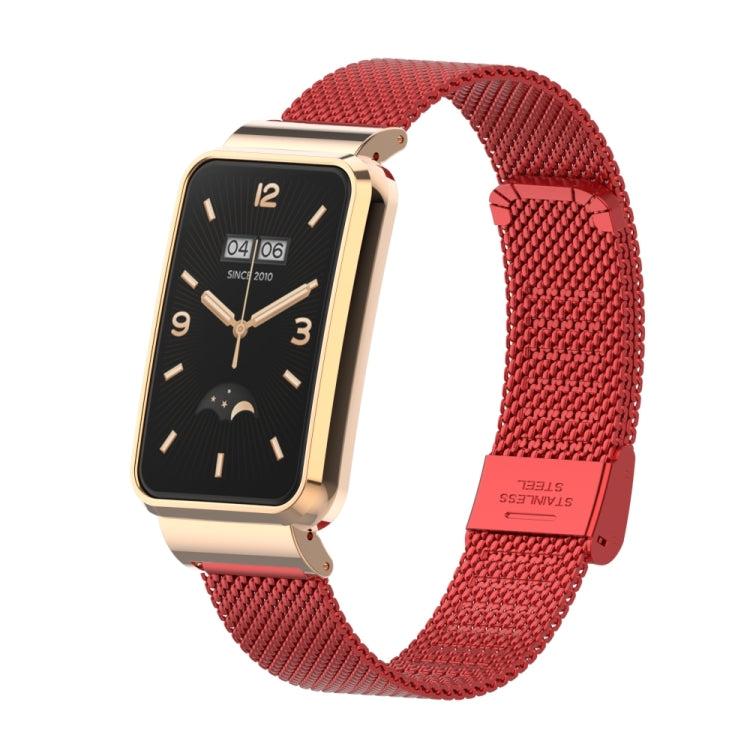Red woven metal watch band with gold buckle and rectangular smartwatch display