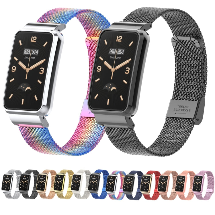 Assorted woven metal watch bands in multiple colors with rectangular smartwatch displays