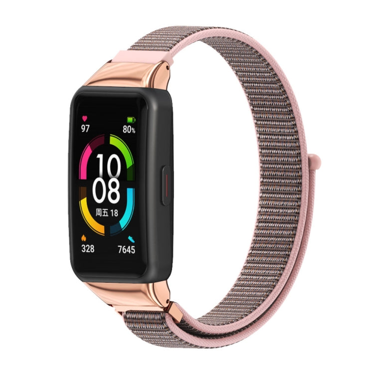Breathable nylon watch band with pink sand rose gold hardware and woven fabric