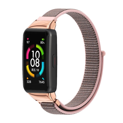 Breathable nylon watch band with pink sand rose gold hardware and woven fabric