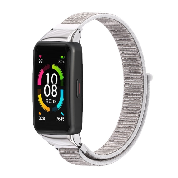 Breathable nylon watch band with silver hardware and light gray woven fabric