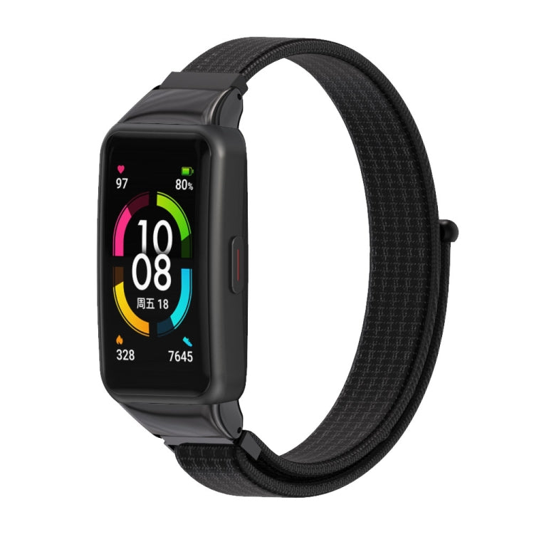 Breathable nylon watch band with black clasp and dark woven texture