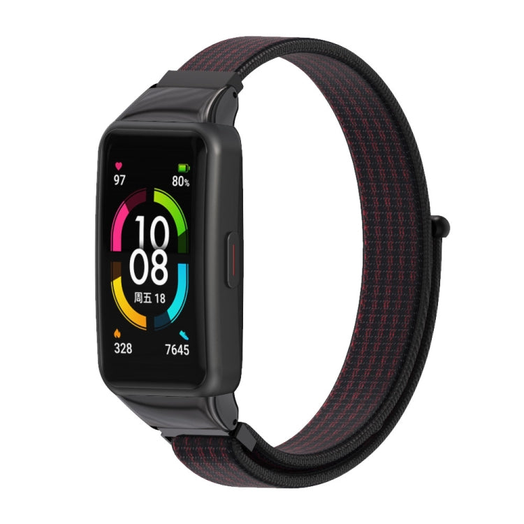 Breathable nylon watch band with black fabric and dark clasp, for smart watch