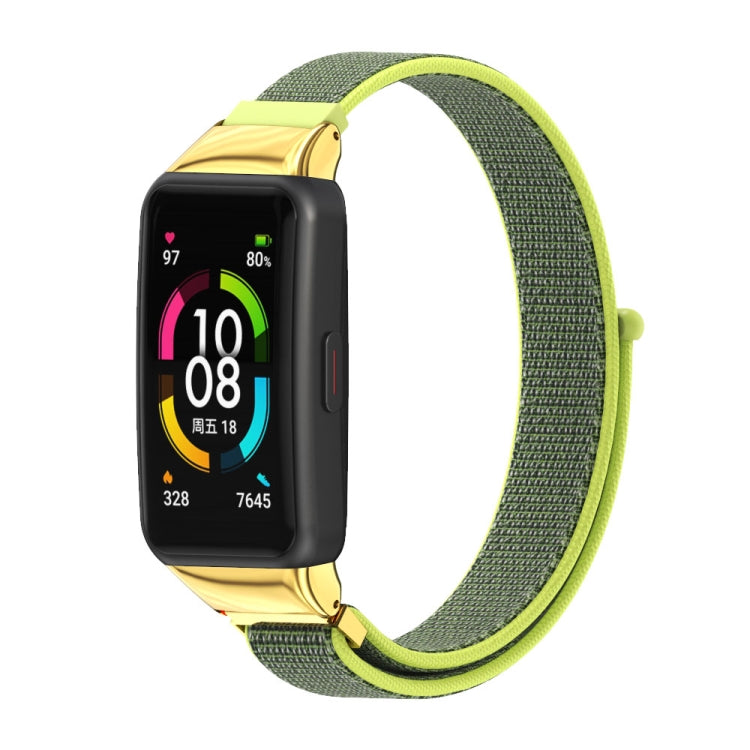 Breathable nylon watch band with lime green accent and textured woven fabric