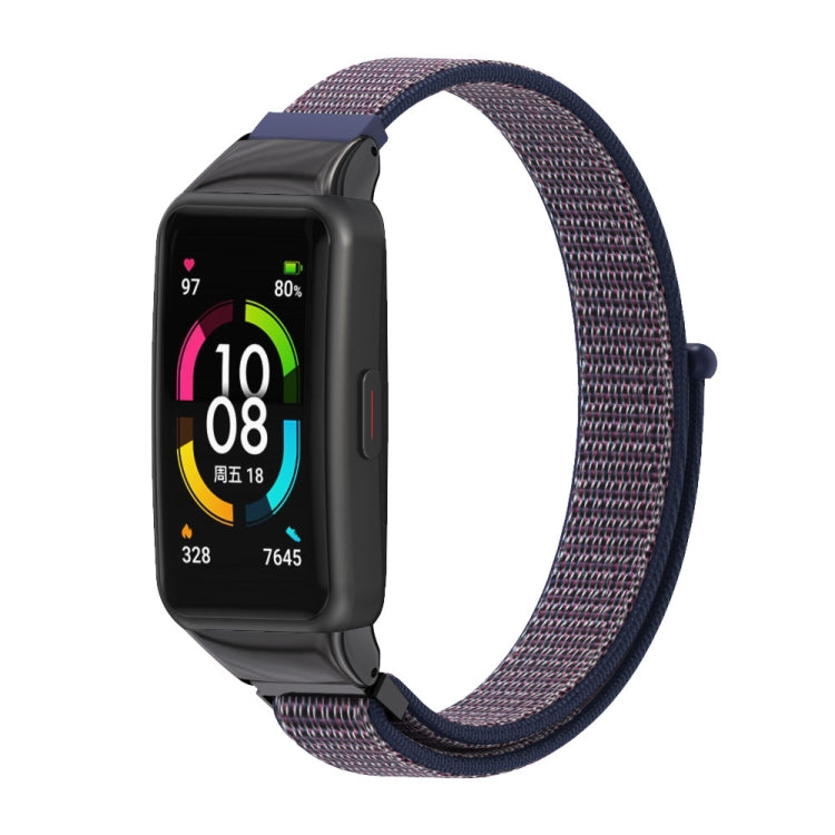 Breathable nylon watch band with dark purple woven strap and clasp hardware
