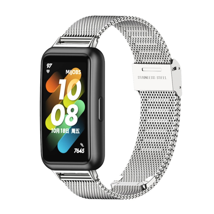 Silver stainless steel mesh watch band with polished buckle clasp.