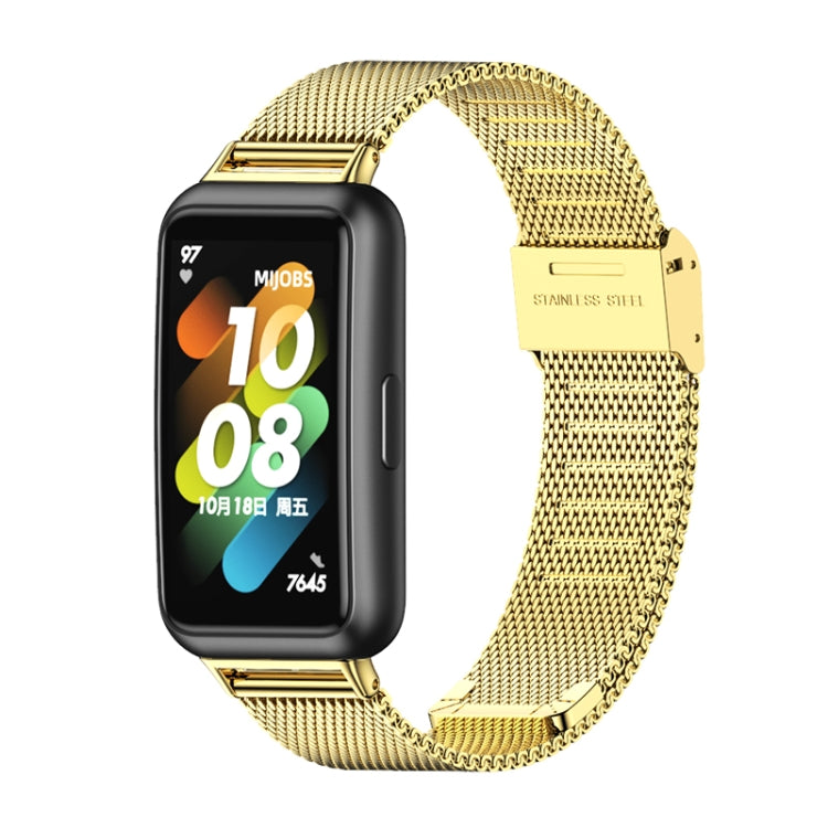 Gold stainless steel mesh watch band with gold-tone buckle clasp.