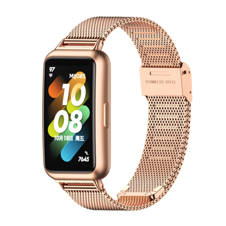 Rose gold stainless steel mesh watch band with rose-tone buckle clasp.