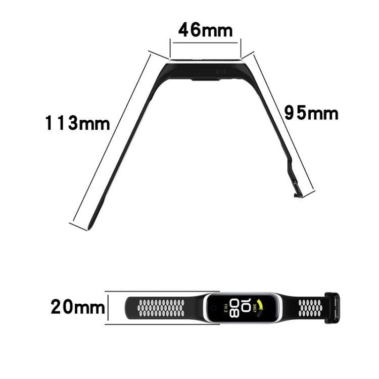 Silicone watch band for Galaxy Fit 2, 20mm strap with buckle and labeled dimensions