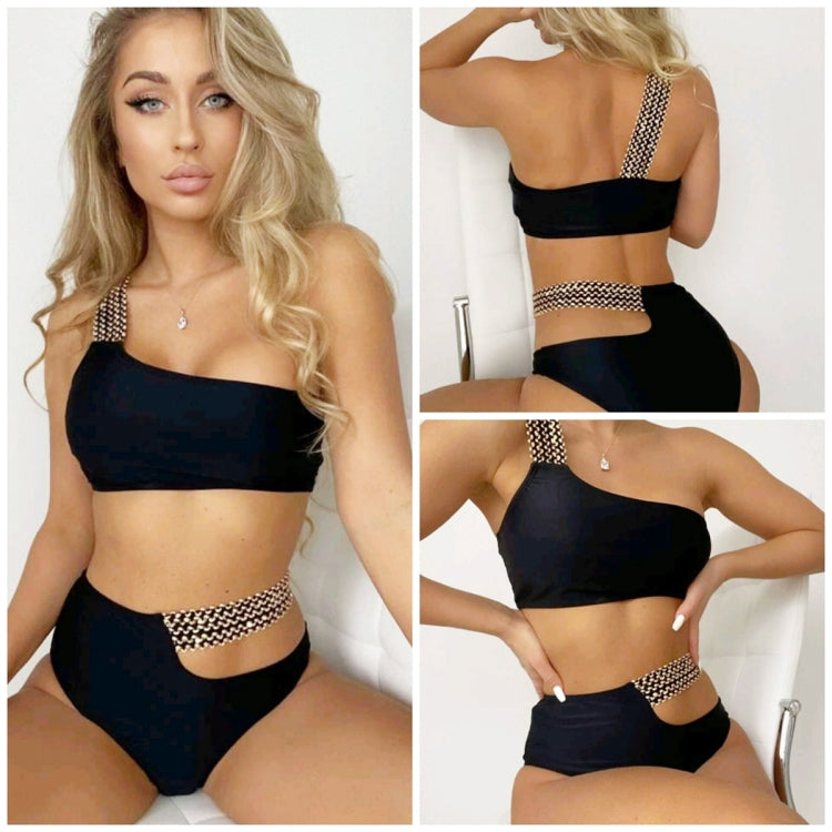Black one-shoulder bikini set with rhinestone chain straps and high-waist cutout