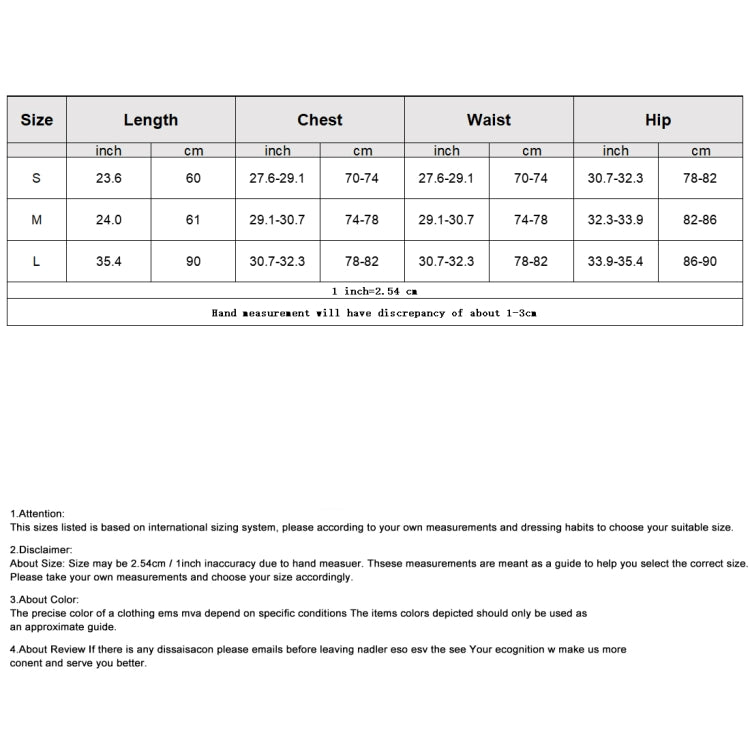 Bikini size chart with length, chest, waist, and hip measurements by size
