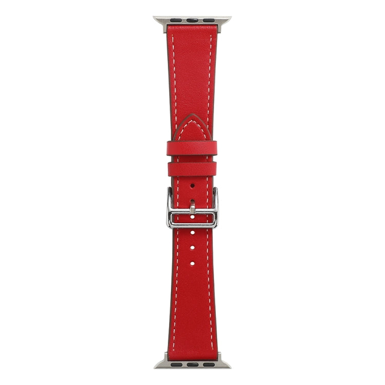 Red single-lap watch band with silver buckle and punched strap holes