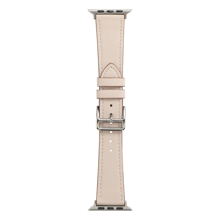 Light beige single-lap watch band with silver buckle and punched strap holes
