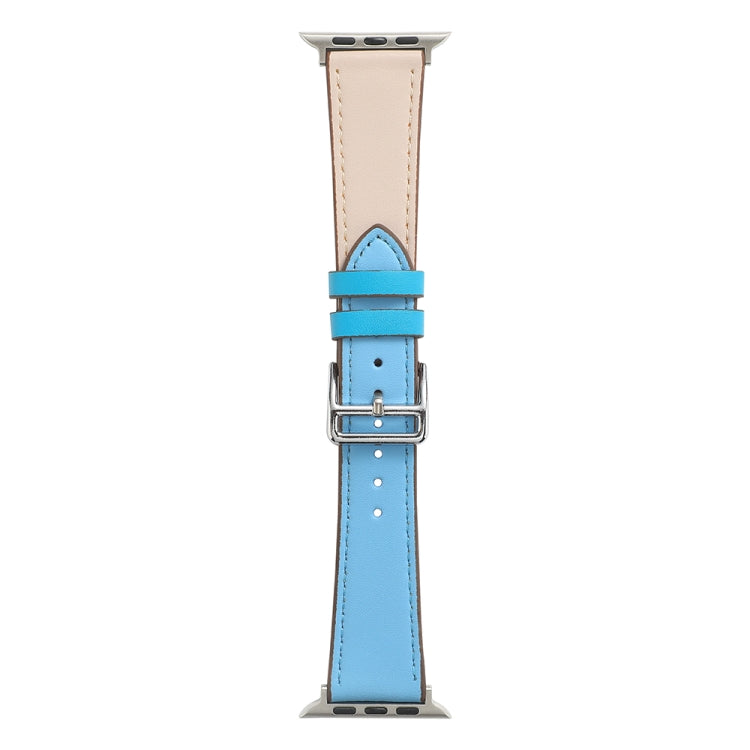 Blue microfiber leather single-lap watch band with silver buckle and strap adjustment holes