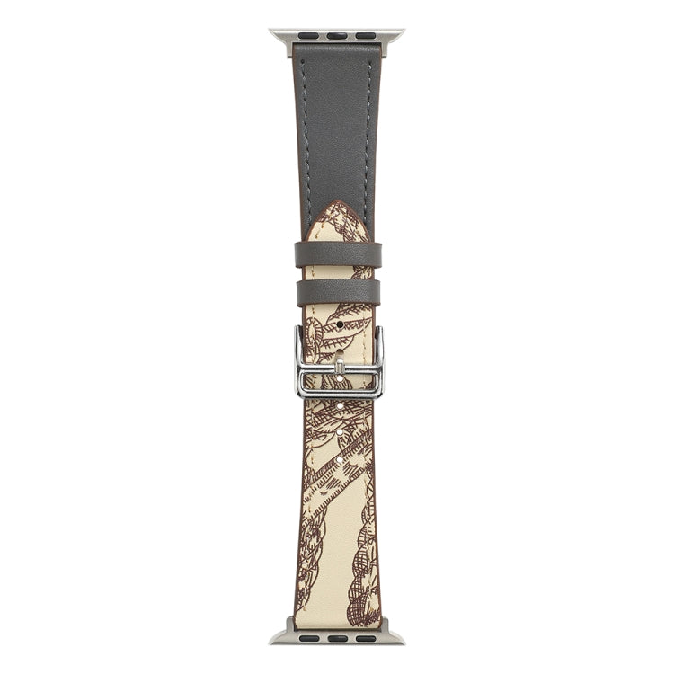 Dark gray watch band with metal buckle and patterned underside lining.