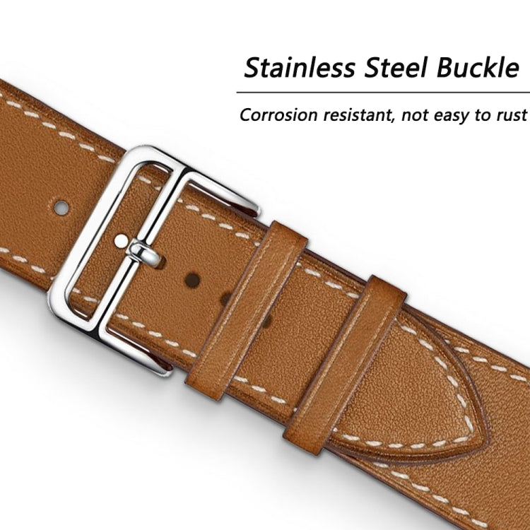 Brown microfiber leather watch band with stainless steel buckle and stitched strap end