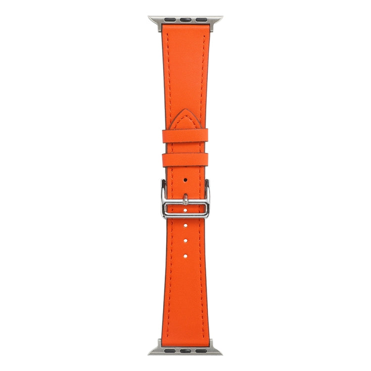 Orange single-lap watch band in microfiber leather with silver buckle and adjustment holes