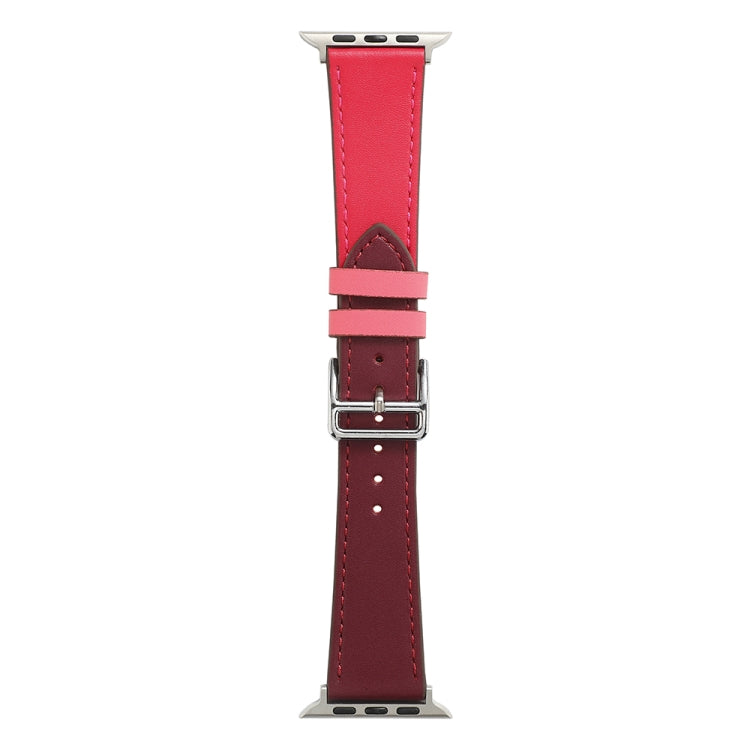 Deep red single-lap watch band with silver buckle and white stitching holes