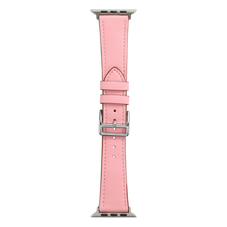 Light pink microfiber leather single-lap watch band with silver buckle and stitched holes