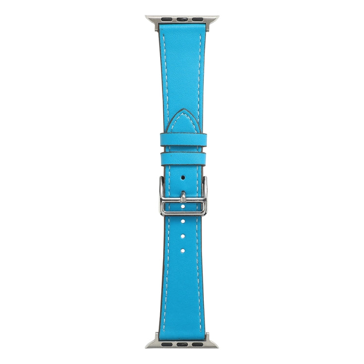 Sky blue microfiber leather single-lap watch band with silver buckle and sewn holes