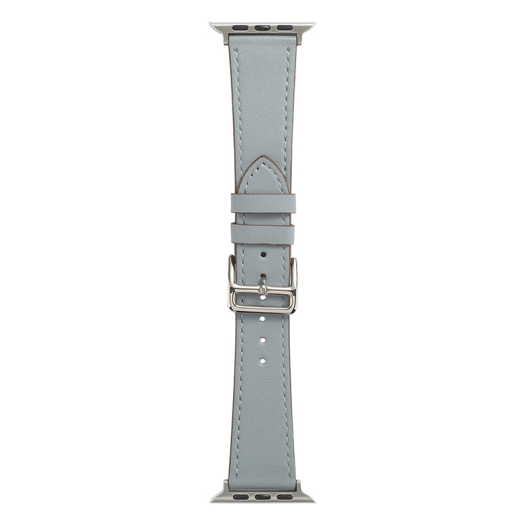 Light blue single loop watch band with metal buckle and stitched holes.