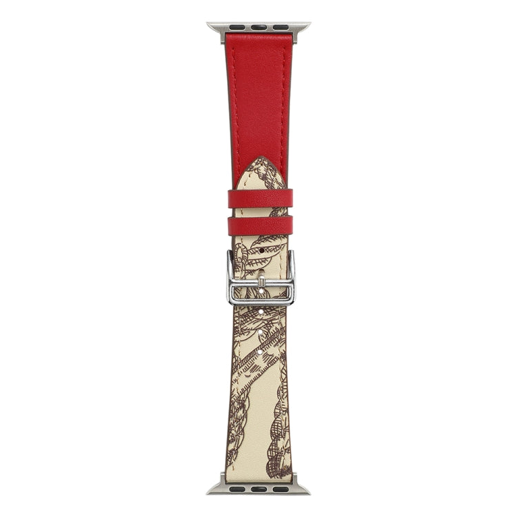 Red single loop watch band with silver buckle and patterned lining.