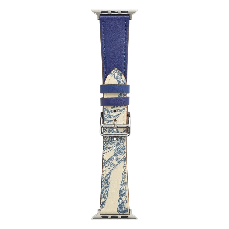 Blue single loop watch band with silver buckle and patterned lining.