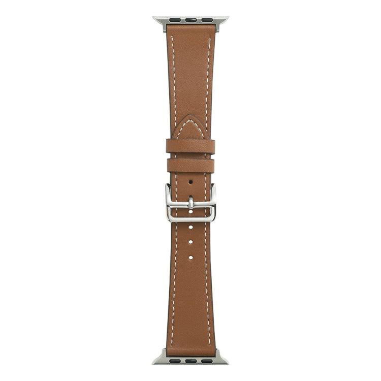 Brown single loop watch band with metal buckle and stitched holes.