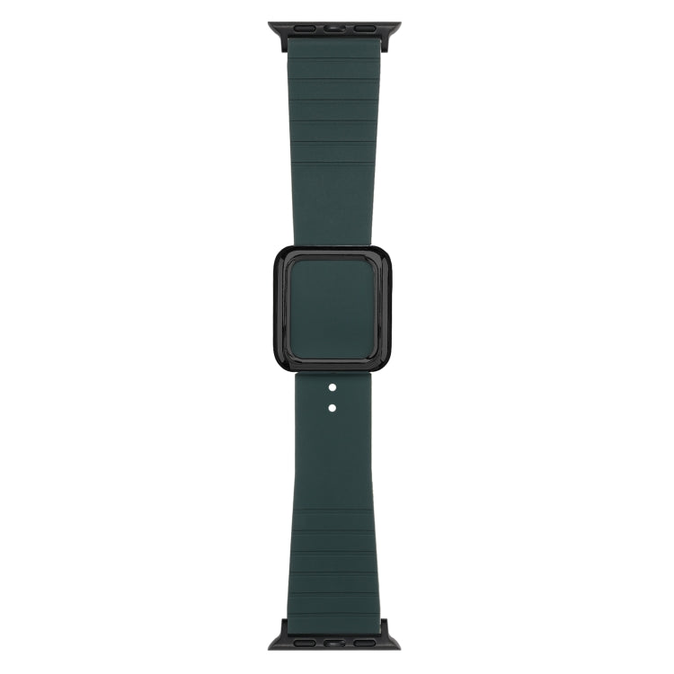 Square-buckle silicone watch band in deep green with black connector accents