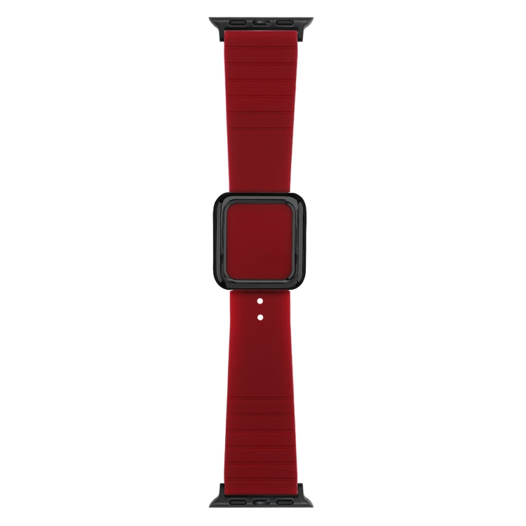 Square-buckle silicone watch band in deep red with black connector accents