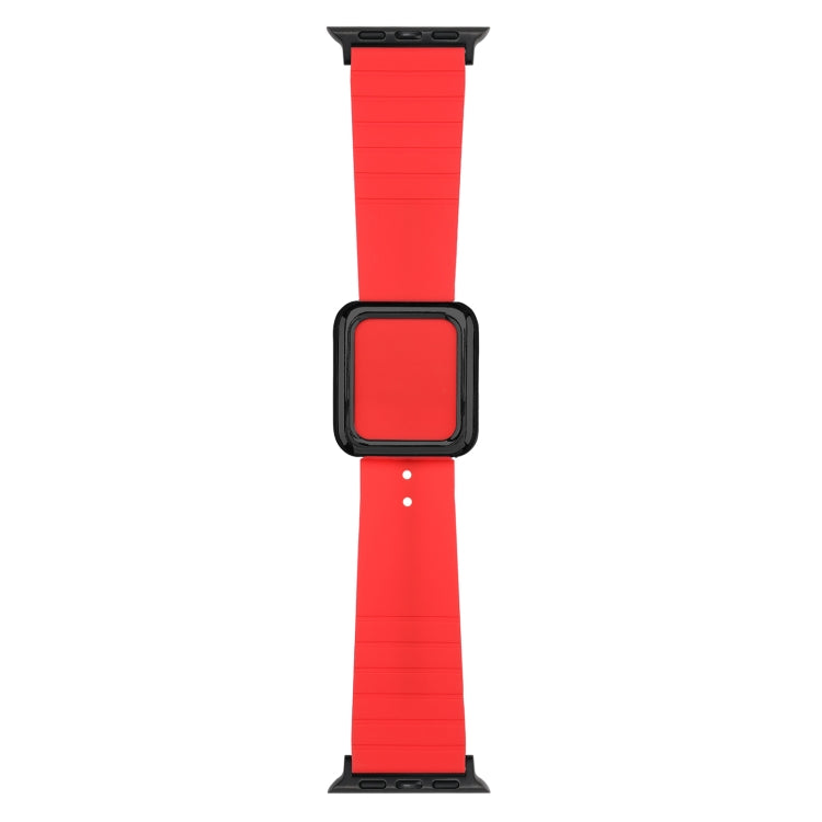 Square-buckle silicone watch band in red with black connector accents