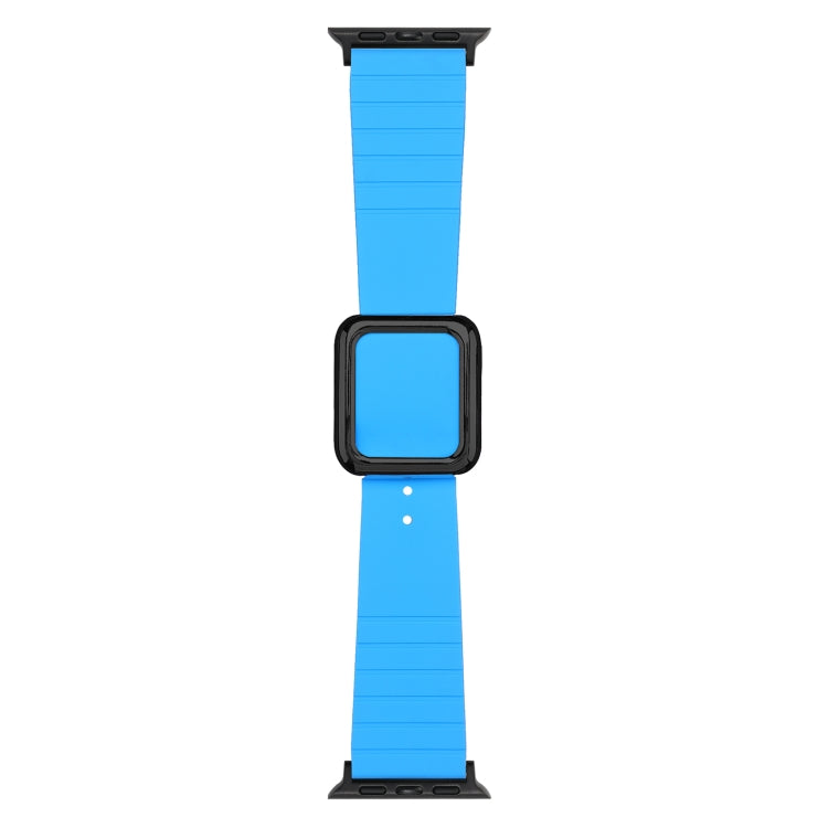 Bright blue silicone Apple Watch band with square buckle and protective case