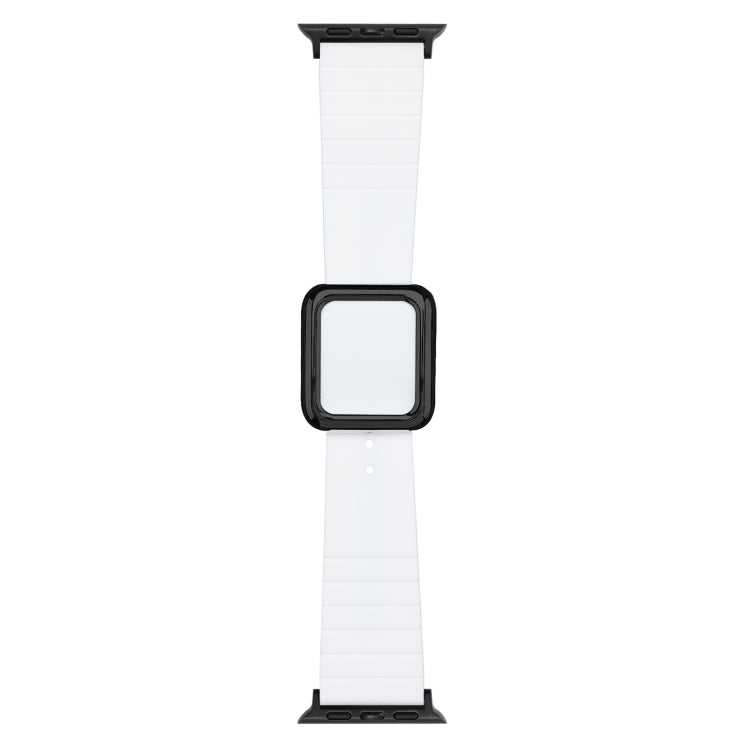 White silicone Apple Watch strap with square buckle and protective case