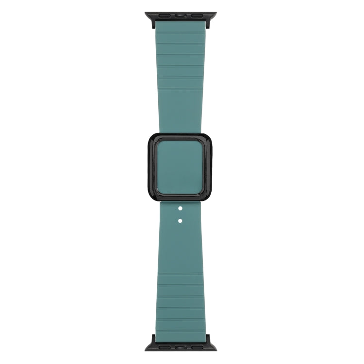 Muted teal silicone Apple Watch band with square buckle and protective case