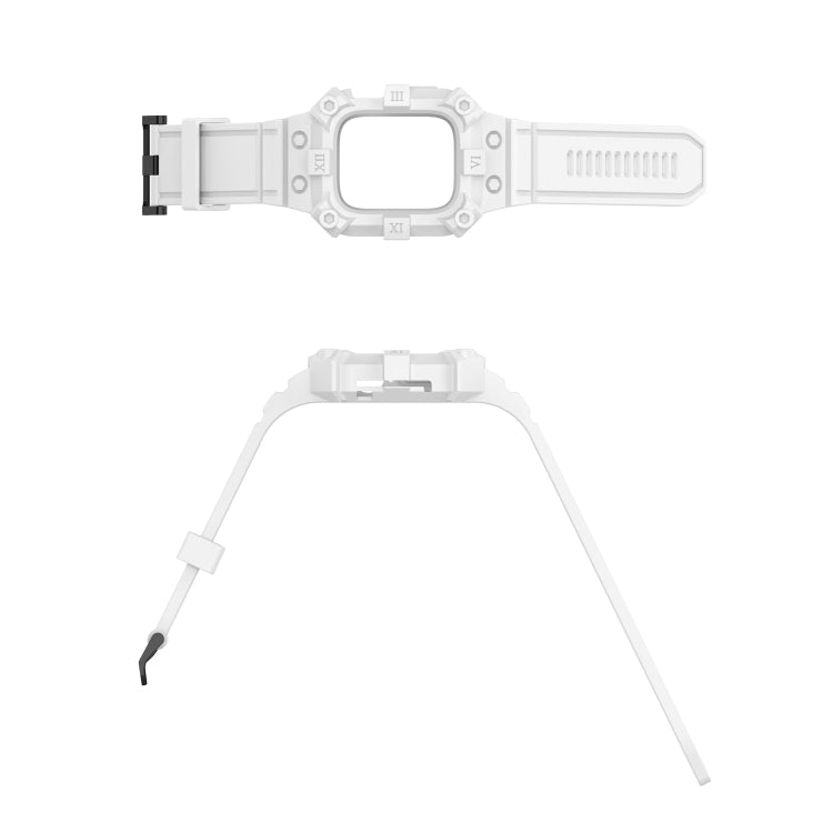 White integrated silicone watch band for Apple Watch, underside and strap pin visible.