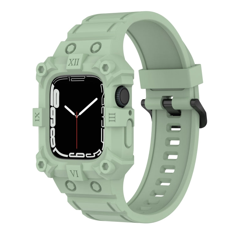 Mint green integrated silicone watch band for Apple Watch with perforated strap and clasp.