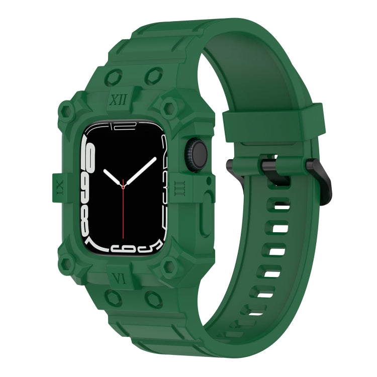 Green integrated silicone watch band for Apple Watch with perforated strap and clasp.