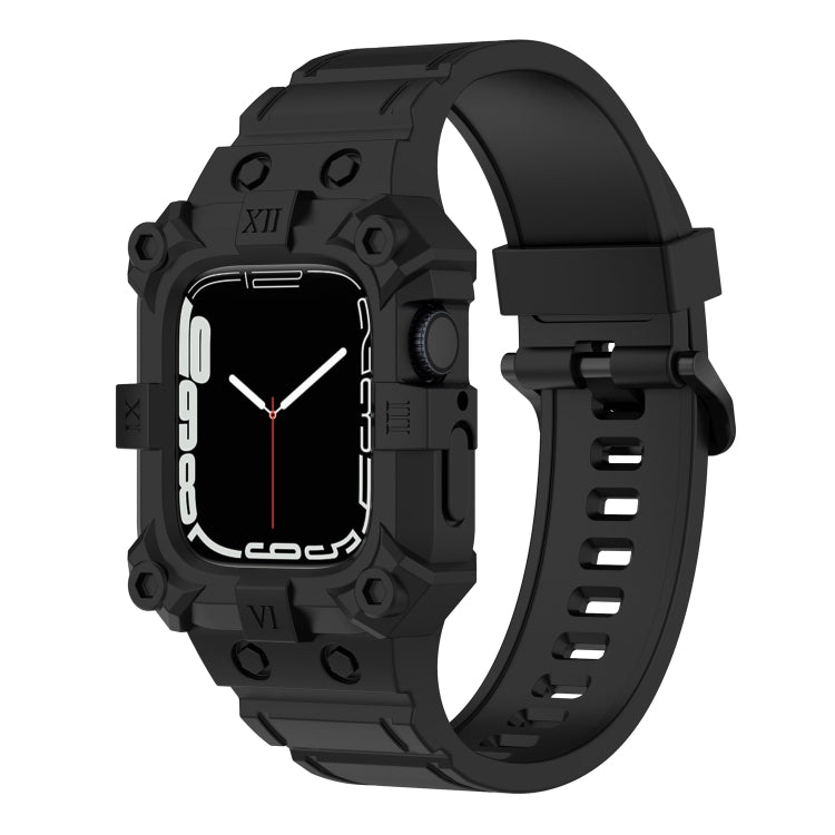 Black integrated silicone watch band for Apple Watch with perforated strap and clasp.