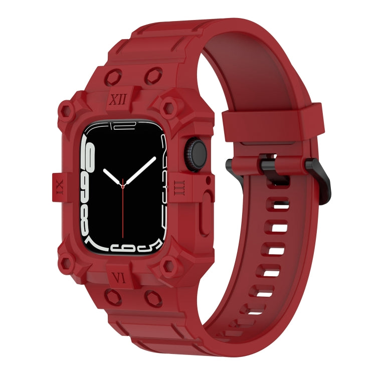 Red integrated silicone watch band for Apple Watch with perforated strap and clasp.