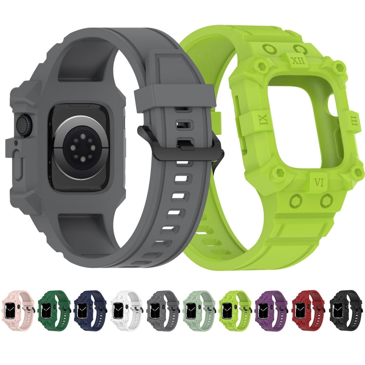 Integrated silicone watch band for Apple Watch, gray and lime green, plus color lineup